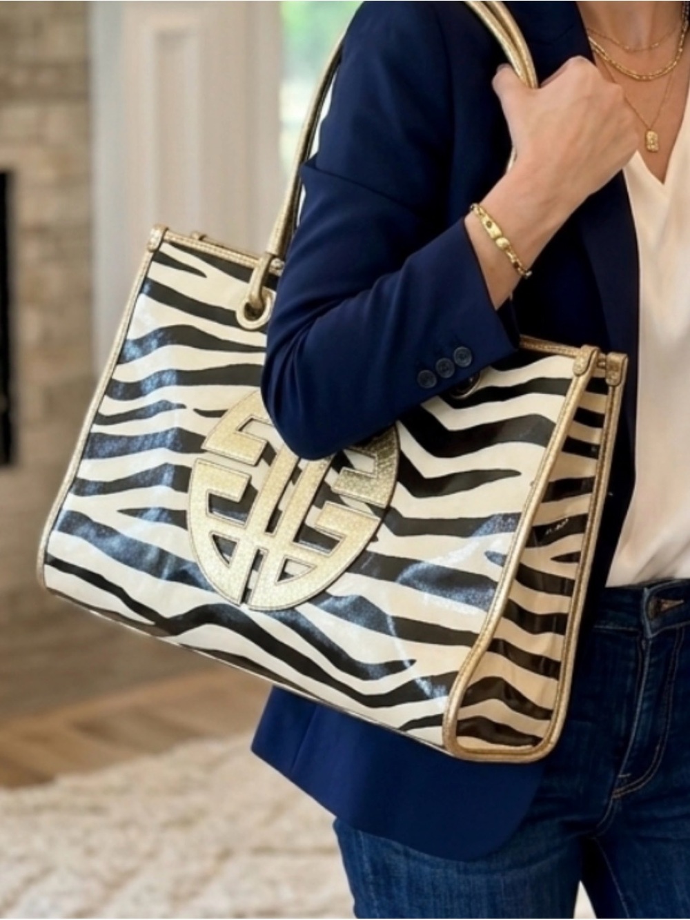 Antonio Melani Black & White Zebra Print with Gold Accents Tote Shoulder Bag